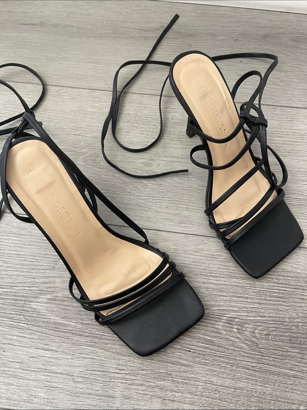 Wild Diva Black Strappy Lace-Up Square Toe Heels